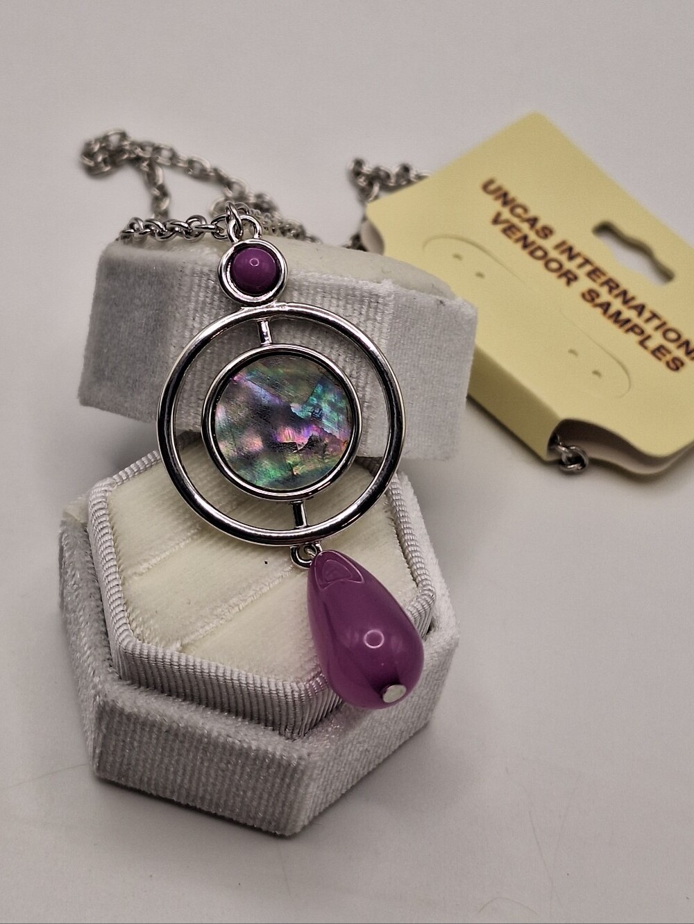 Silver-Tone Purple Drop Pendant Necklace with Iridescent Center